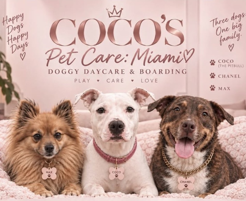 Coco's Pet Care: Miami poster. Max, Coco and Chanel on a pink blanket under the rose-gold wordmark